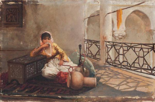 Algérienne Au Narguilé (algerian Woman Smoking A Water Pipe) by Maxime Noiré Oil Painting Reproductions