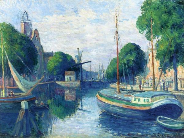 Barges On A Canal At Rotterdam by Maximilien Luce
