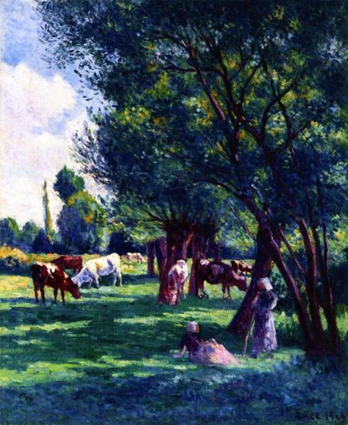 Bessy-sur-cure, Peasants Guarding A Herd Of Cows by Maximilien Luce