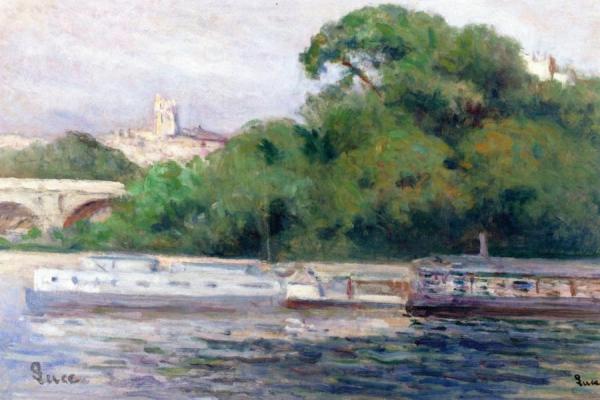 Pèniches Amarées Devant Bouquet D'arbres Et Pont by Maximilien Luce