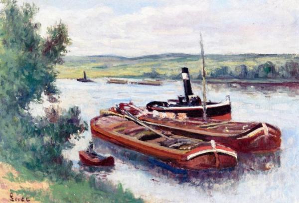 Steamboat And Barges On The Seine At Mericourt by Maximilien Luce