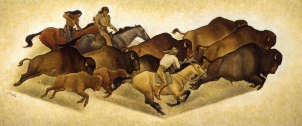 Running Buffalo With Hunters: Sketch For A Mural by Maynard Dixon