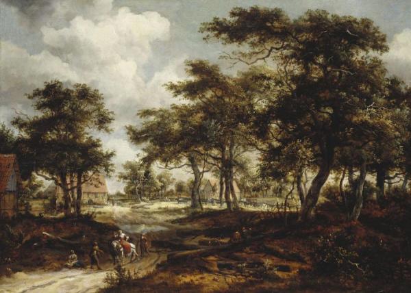 Wooded Landscape With Travellers And Beggars On A Road by Meindert Hobbema