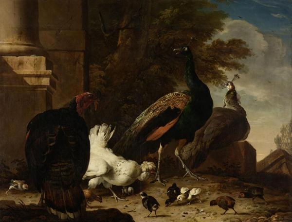 A Hen With Peacocks And A Turkey by Melchior De Hondecoetter