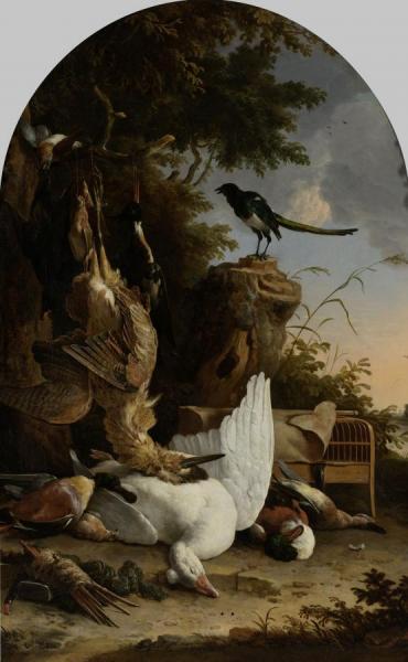 A Hunter's Bag Near A Tree Stump With A Magpie, Known As The Contemplative Magpie by Melchior De Hondecoetter