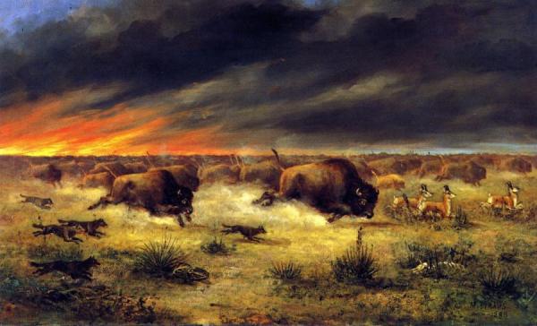 Meyer Straus Herd Of Buffalo Fleeing From A Prairie Fire