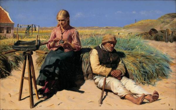 Figures In A Landscape,blind Kristian And Tine Among The Dunes by Michael Ancher