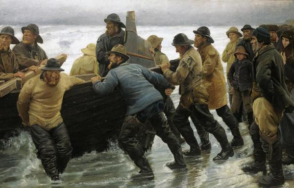 Fishermen Launching A Rowing Boat by Michael Ancher Oil Painting Reproductions