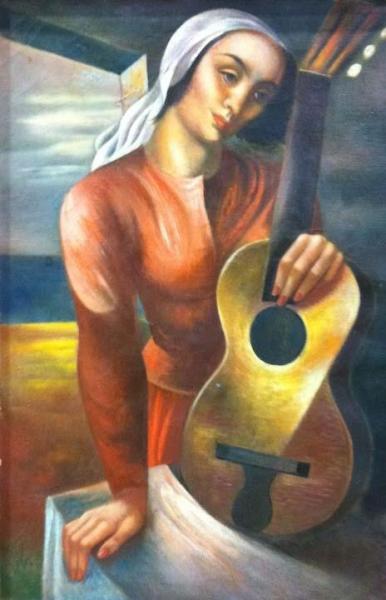 Woman With Guitar, C.1935 by Michael Lenson Oil Painting Reproductions