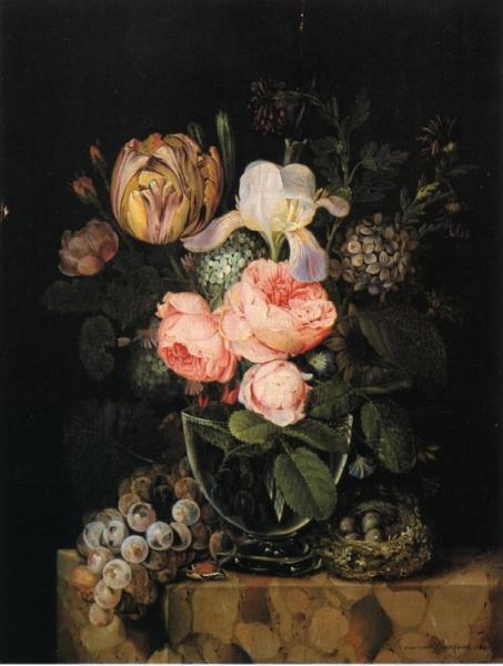 Still Life With Flowers, Grapes And A Bird's Nest by Michel Joseph Speeckaert