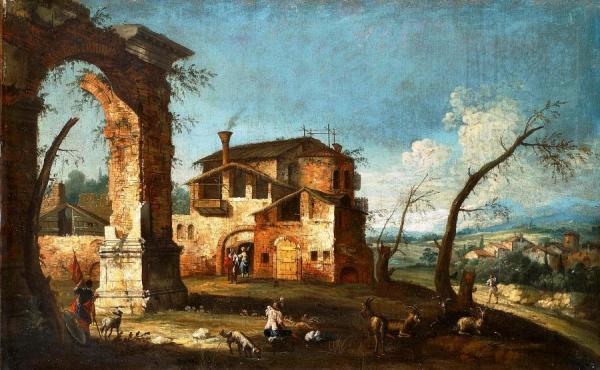 Capriccio View With Ruins Of An Arch And Farmhouses by Michele Giovanni Marieschi