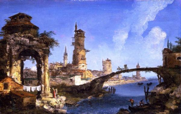 Capriccio With Ruined Arch, Medieval Tower And Bridge by Michele Giovanni Marieschi Oil Painting Reproductions