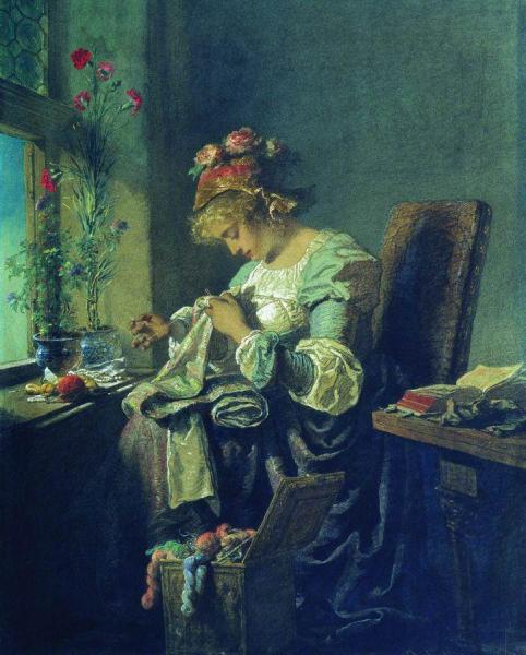 Young Girl Embroidering by Mihaly Zichy