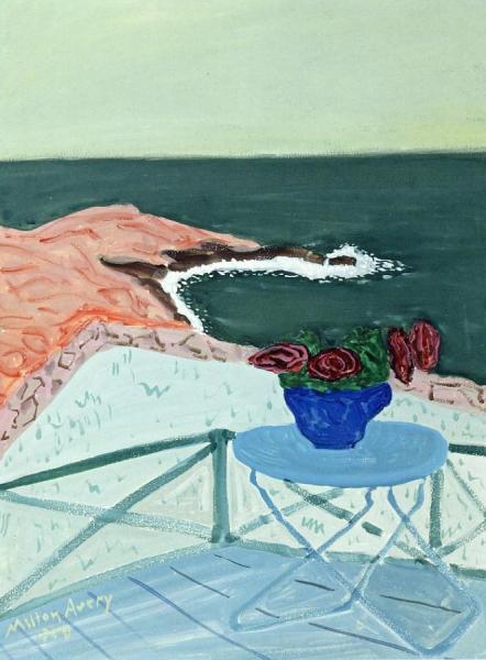 Red Flowers On A Terrace By The Sea by Milton Avery