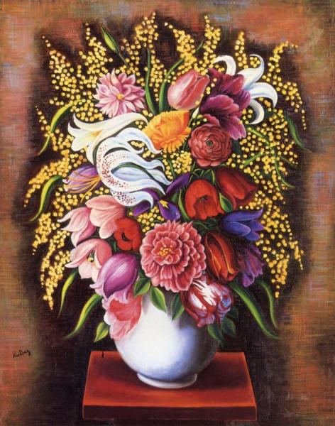 Bouquet Of Mixed Flowers And Mimosas by Moise Kisling