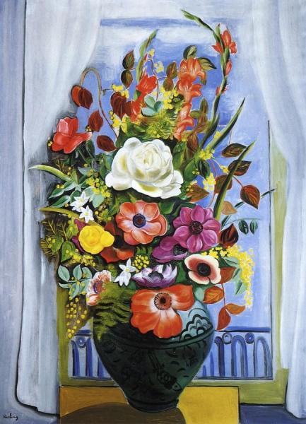 Large Bouquet In Front Of A Window by Moise Kisling