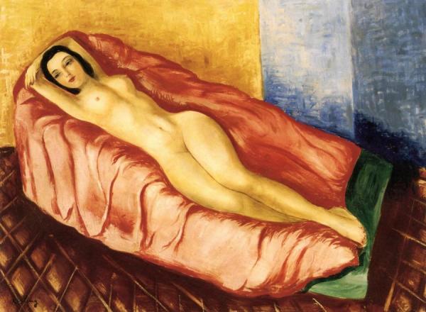 Nude On A Red Sofa by Moise Kisling