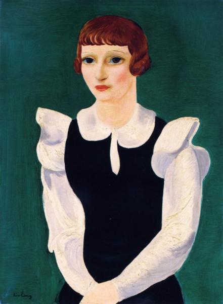Portrait Of A Young Woman On A Green Background by Moise Kisling