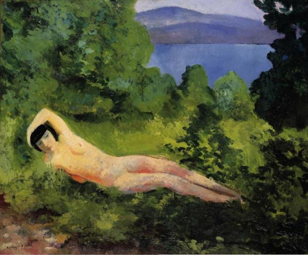 Reclining Nude In The Leaves by Moise Kisling