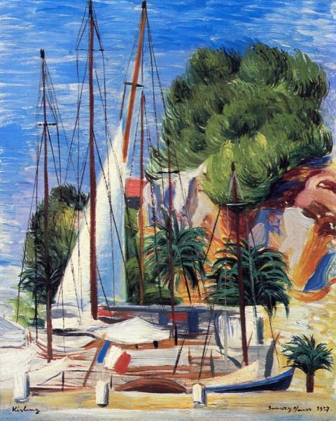Sailboats In The Port Of Sanary by Moise Kisling