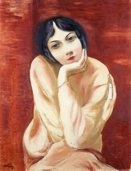 Seated Woman - Brick Background by Moise Kisling