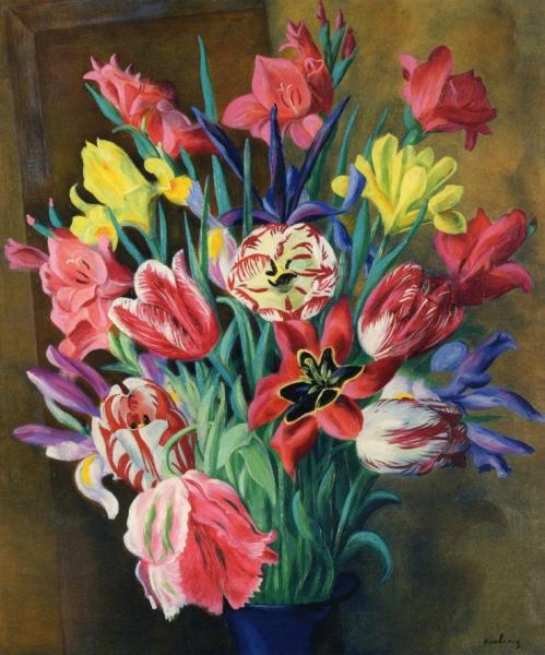 Tulips And Oysters On A Black Background by Moise Kisling