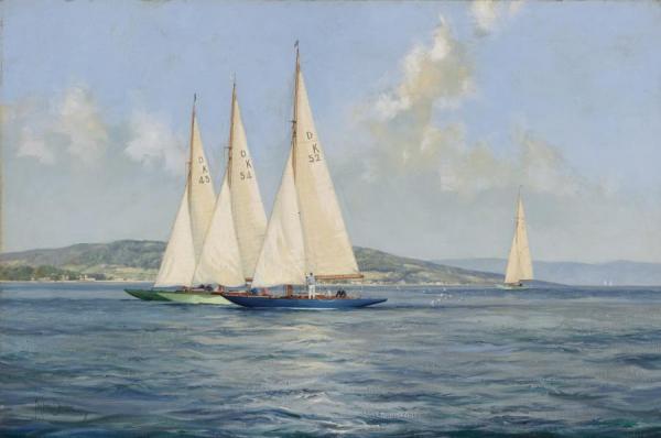 Dragon Class Yachts Jockeying For The Start On The River Clyde, Scotland by Montague Dawson