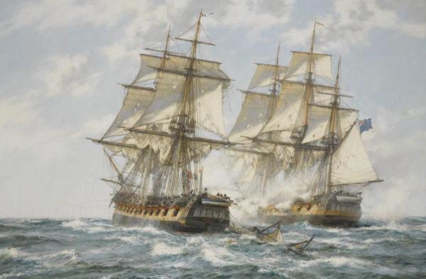 Fighting Frigates, The Nymphe And The Cleopatre by Montague Dawson