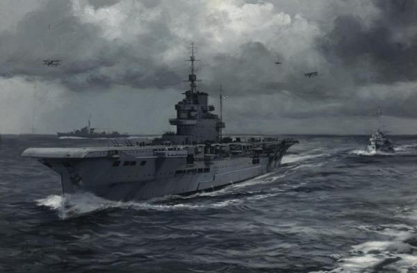 The Aircraft Carrier And Escort by Montague Dawson