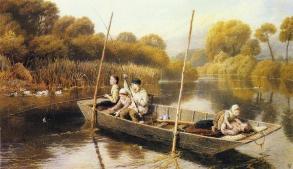 Boys Fishing From A Punt by Myles Birket Foster