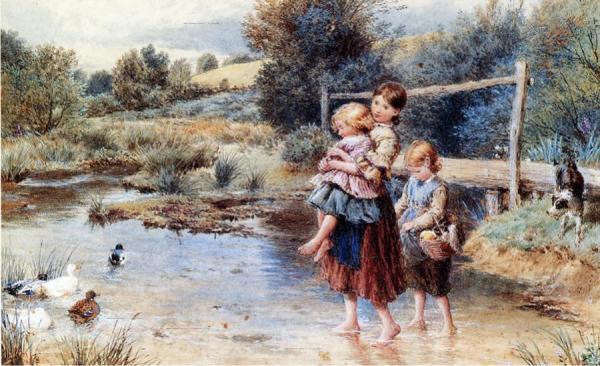 Children Paddling In A Stream by Myles Birket Foster