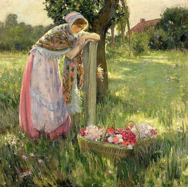 Resting By A Basket Of Flowers by Myron G. Barlow