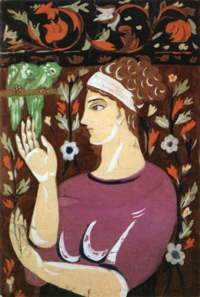 Woman With Parrot by Natalia Goncharova Oil Painting Reproductions