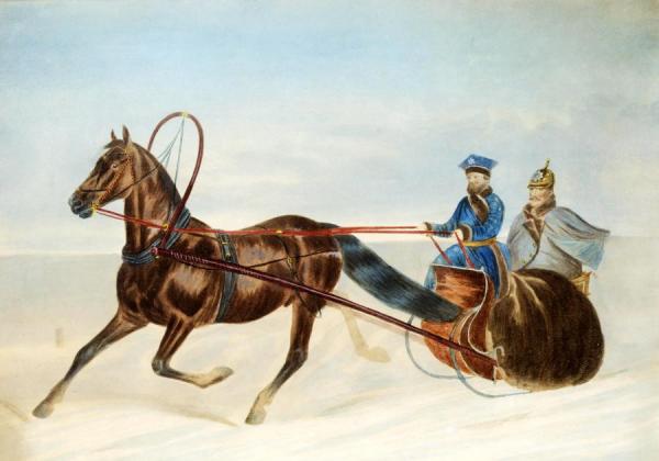 A Pair Of Watercolours - Nicholas I In A Drozhka And Alexander Ii In A Drozhka Each by Nicholai Egorovich Sverchkov