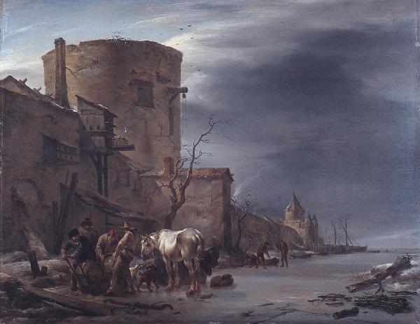 The City Wall Of Haarlem In The Winter. by Nicolae Berchem