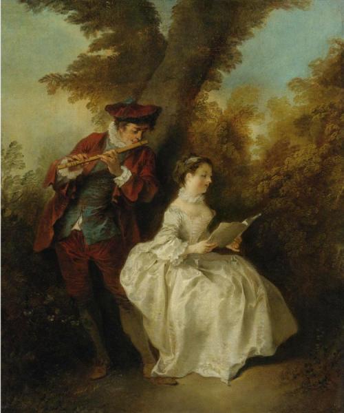 ''le Duo'', A Young Man Playing The Flute And A Young Woman Singing In A Landscape by Nicolas Lancret