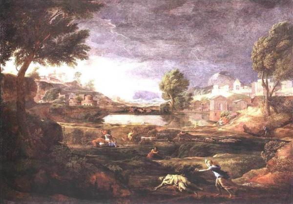 Strormy Landscape With Pyramus And Thisbe by Nicolas Poussin