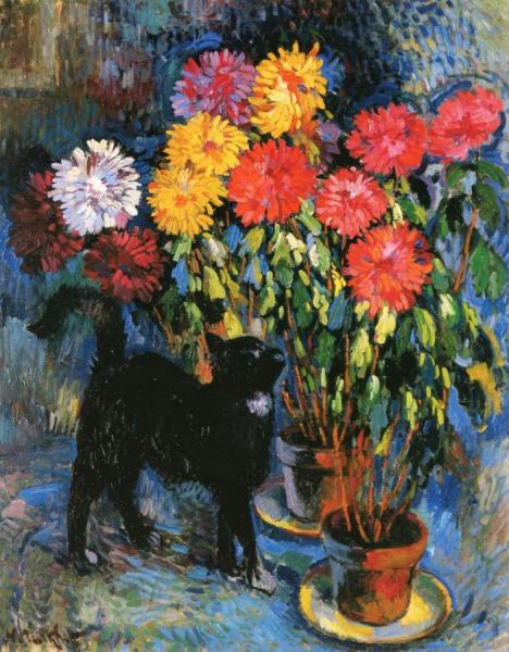 Dahlias And Black Cat by Nicolas Tarkhoff Oil Painting Reproductions