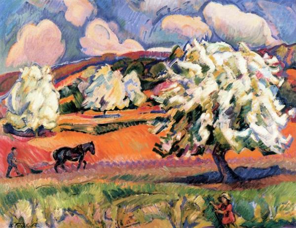 Landscape With Trees, Flowers And Peasant With Plough by Nicolas Tarkhoff Oil Painting Reproductions
