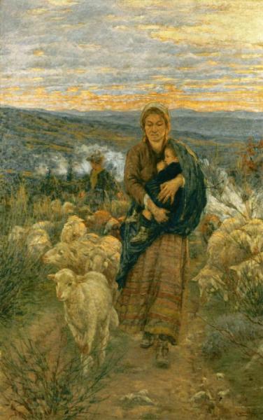 Shepherdess And Child In The Pasture by Nicolo Cannicci