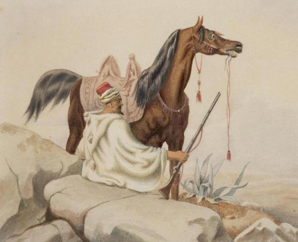 A Seated Arab Huntsman, With His Horse by Niels Simonsen