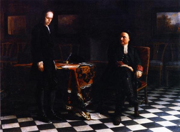 Peter The Great Interrogating Tsarevich Aleksei Petrovich In Peterhor by Nikolai Nikolaevich Ge