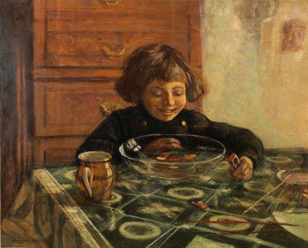 A Child Sitting A Table by Nikolai Petrovich Bogdanov-belsky