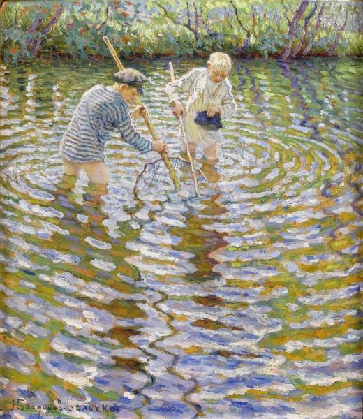 Boys Fishing by Nikolai Petrovich Bogdanov-belsky Oil Painting Reproductions