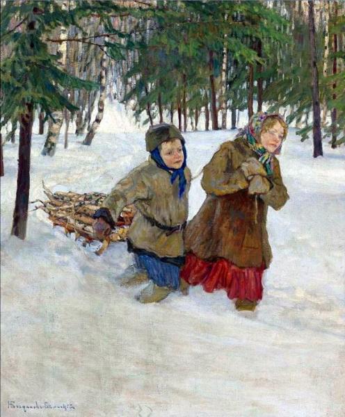 Children Carrying The Wood In Winter by Nikolai Petrovich Bogdanov-belsky
