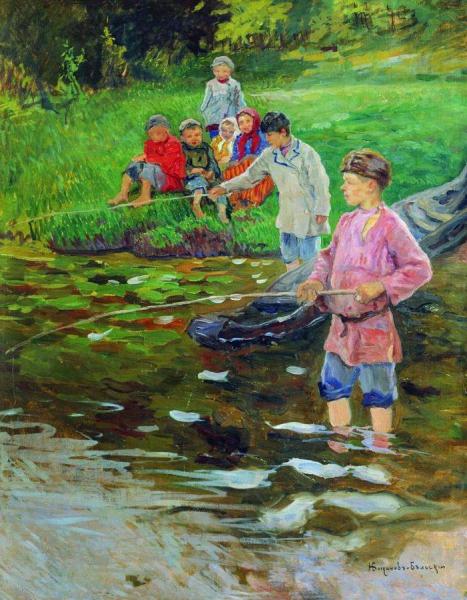 Children Fishing by Nikolai Petrovich Bogdanov-belsky Oil Painting Reproductions