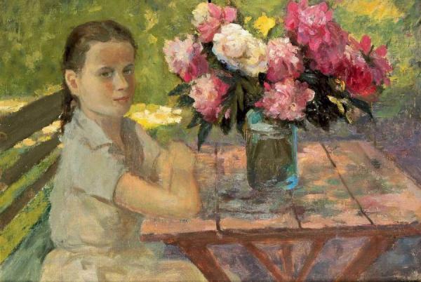 Girl With Peonies by Nikolai Petrovich Bogdanov-belsky