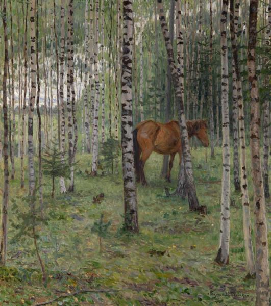 Horse In A Birch Grove by Nikolai Petrovich Bogdanov-belsky