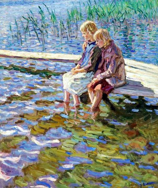 Two Girls On A Footbridge by Nikolai Petrovich Bogdanov-belsky