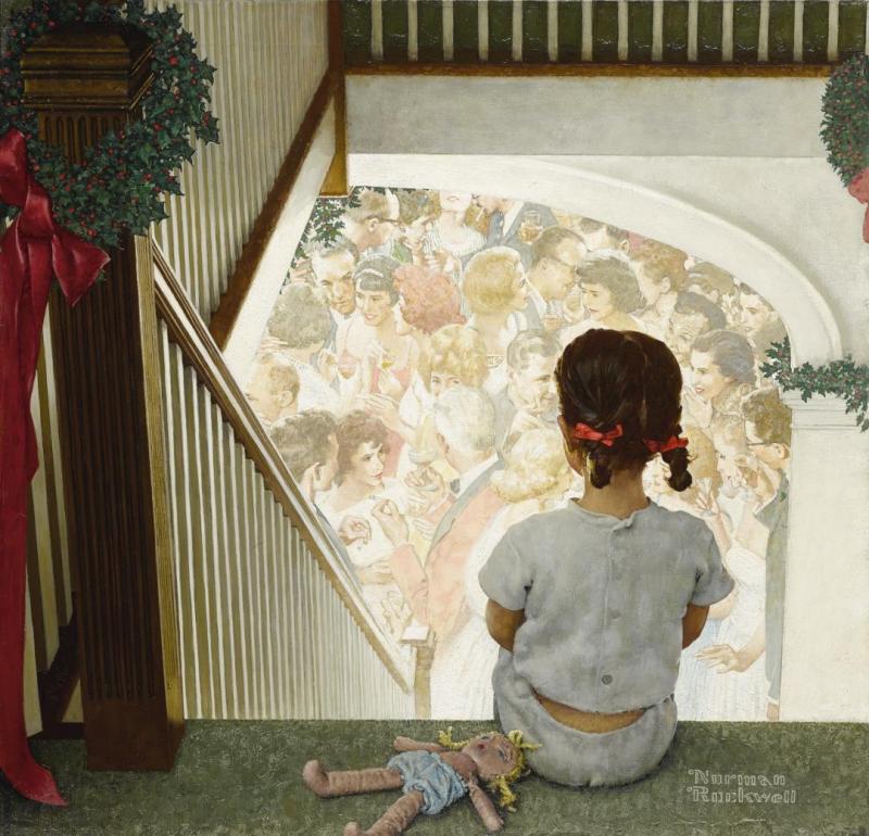 Little Girl Looking Downstairs At Christmas Party, 1964 by Norman Rockwell